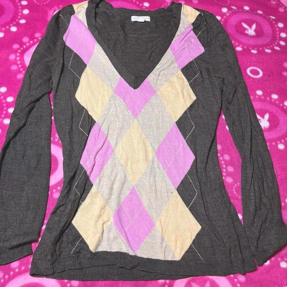 2000s New York & Company Argyle Sweater Pink Brown Size Large